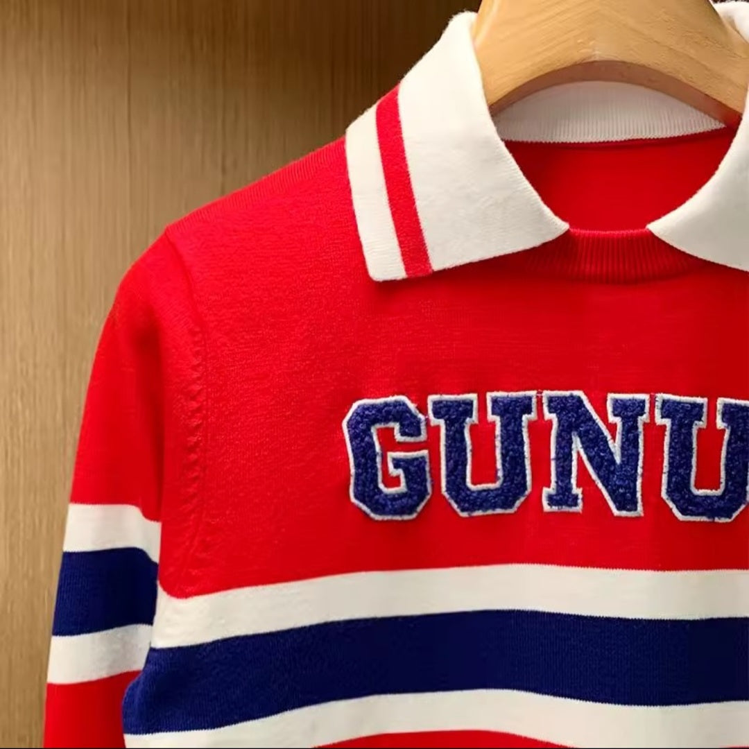 Letter Flocking Contrast Color Striped T-shirt