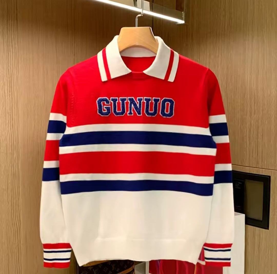 Letter Flocking Contrast Color Striped T-shirt