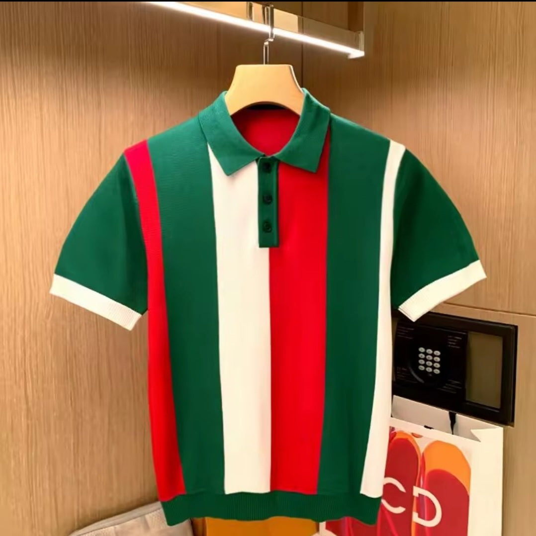 Turn-Down Collar Striped T-shirt