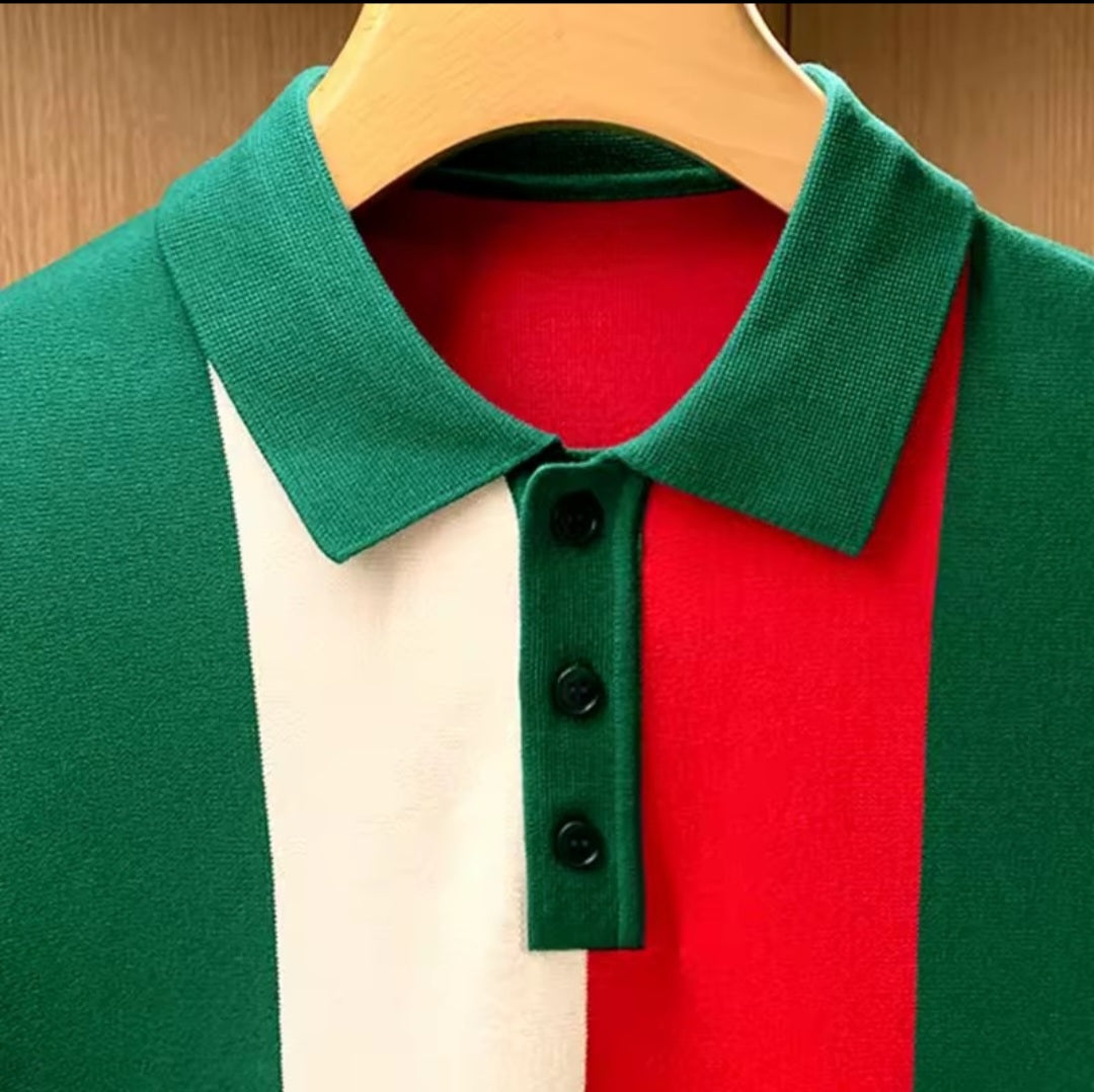 Turn-Down Collar Striped T-shirt